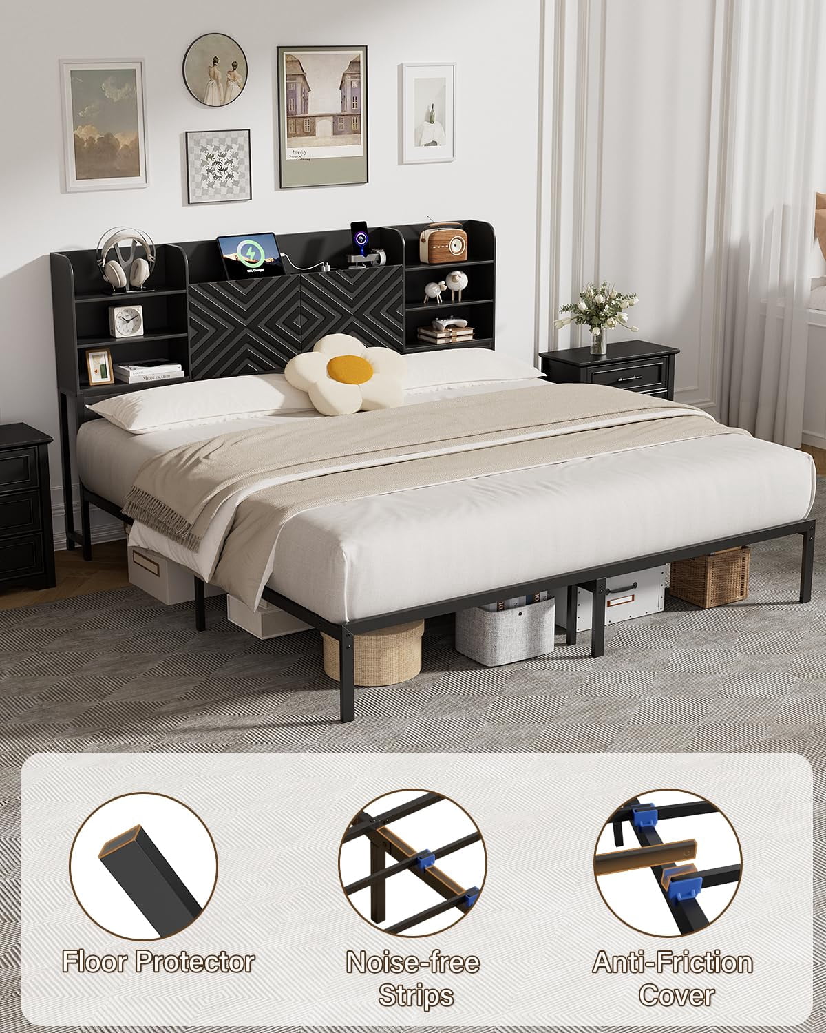 Farmhouse King Size Bed Frame with Move Storage Headboard & 2 Drawers, Platform Bed Frame with 3-in-1 Charging Station, Upholstered Bed Frames with Metal Slats Support