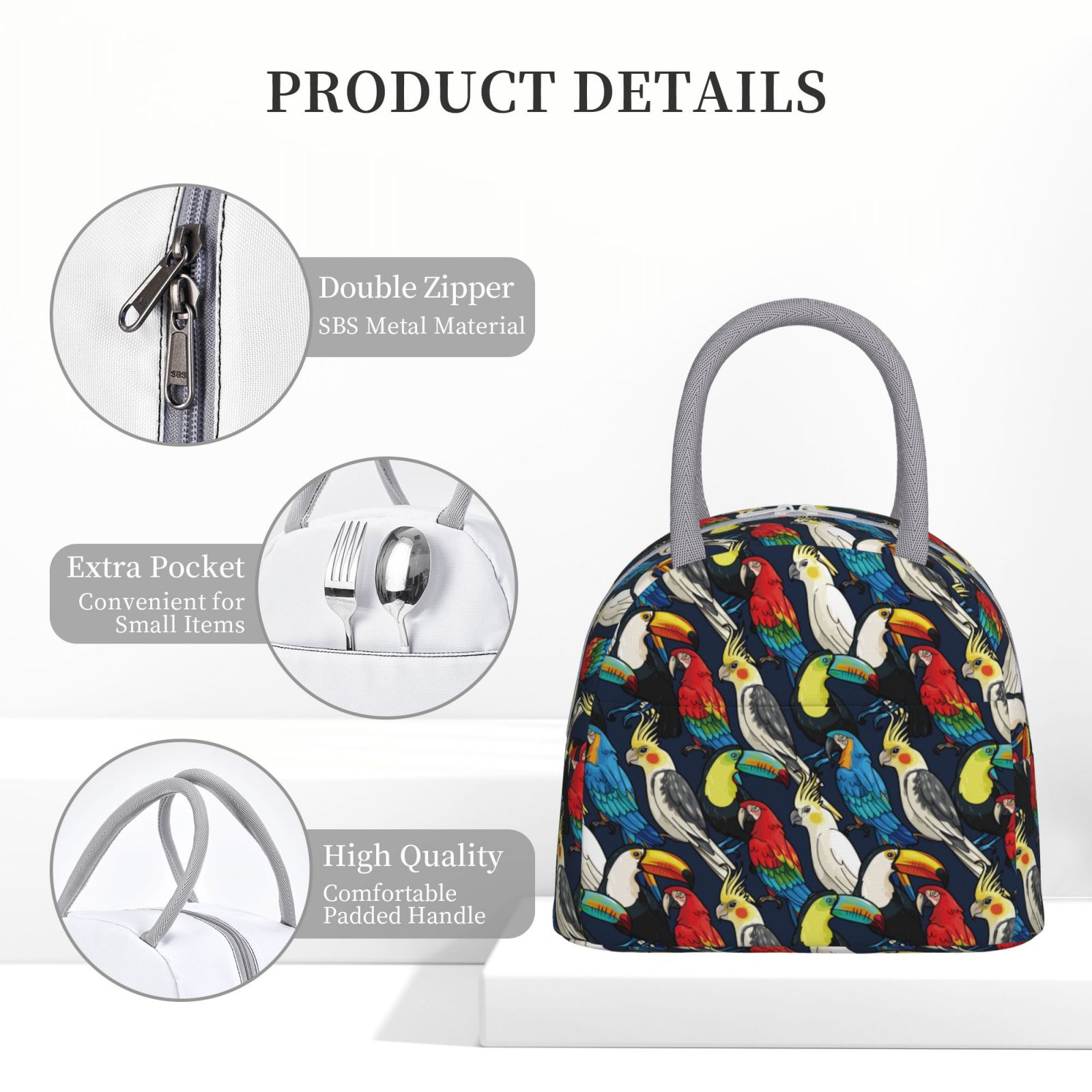 Horeoi Parrot Pattern Large Insulated Lunch Bag for Work, School, Picnic - Waterproof, Durable Oxford Cloth, Comfortable Handle-Light Grey