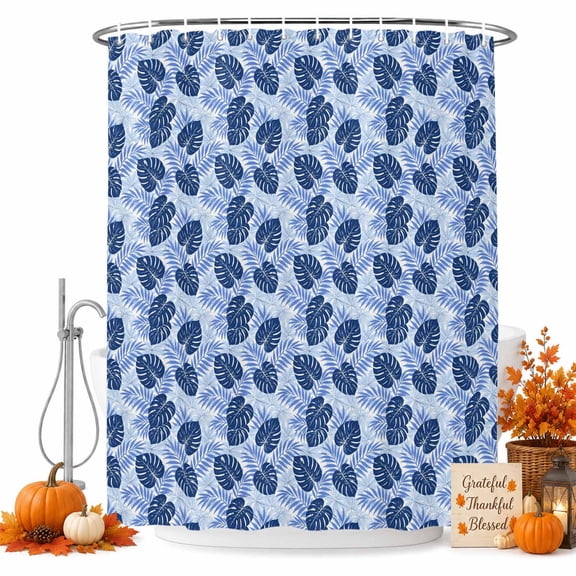 Monstera Leaves Shower Curtain Set - 72" x 78" Washable Bathtub Curtain with 12 Hooks, Summer Rustic Pastoral Palm Leaf Blue Waterproof Fabric Stall Shower Curtains for Bathroom/Bathtub Décor
