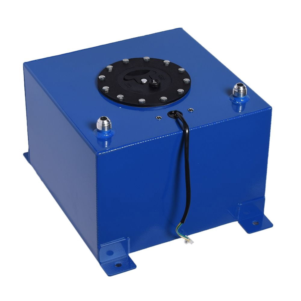 Universal 5 Gallon 20L Aluminum Fuel Tank with 0-90 Ohm Fuel Sender, Blue Finish, Dual -10 Outlets & Vent Outlets, Includes Anti-Slosh Foam, 12x12x8 in, SKU 37899589