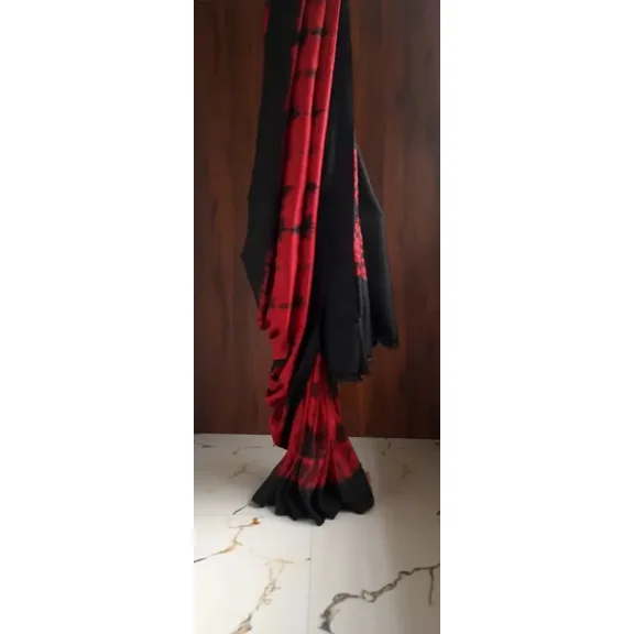 Red Black Hand Tie & Dye Bandhej Pure Silk Saree