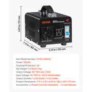 VEVOR Voltage Converter Transformer, 500W, Heavy Duty Step Up/Down Power Transformer, Convert from 110V to 220V and 220V to 110V, with US Outlet, EU Outlet, Power Cord, Circuit Breaker Protection