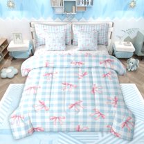 Feelyou Kawaii Cartoon Bow Bedding Comforter Set 7 Pieces, Cute Princess Ribbon Full Bedding Set, Fashion Blue Buffalo Reversible Fitted Sheet Flat Sheet, Luxury Bedroom Decor