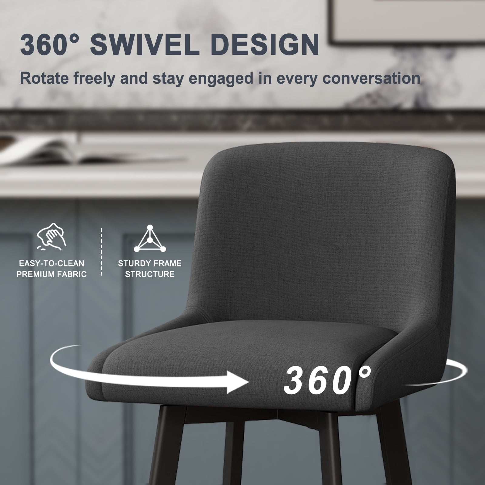 MultiHaven 26.1-Inch Bar Stools Set of 3,Swivel Counter Height Bar Stool with Back & Metal Legs,Fabric Island Chairs Suitable for Kitchen,Bar,Cafe - Black Gray