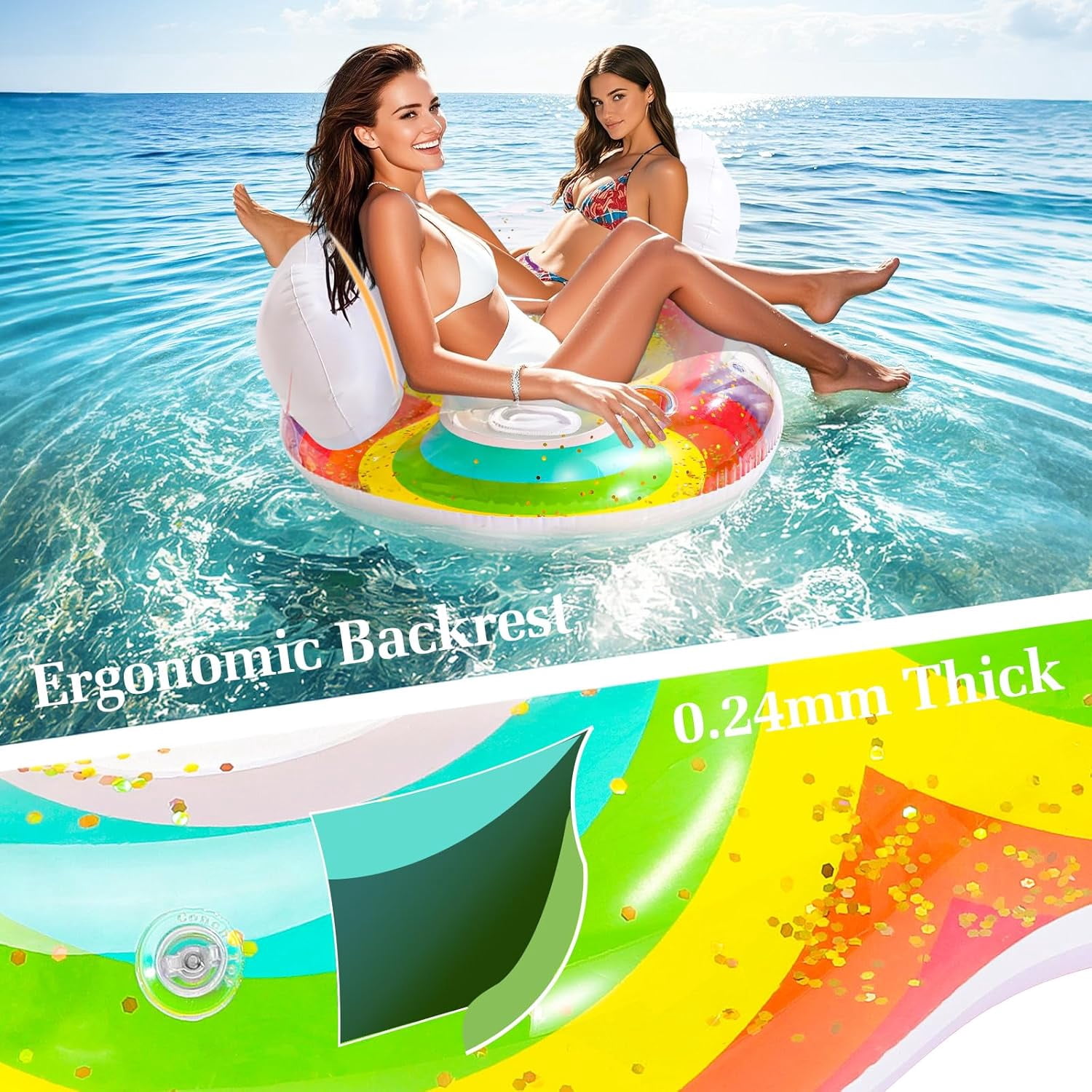 HEY!SPLASH Pool Floats Adult, 2 Seat Inflatable Rainbow Float with Cloud Backrests and Handles, Pool Float with Cup Holders for Family/Friends/Couple, Pool Float Chair for Beaches, Pool Parties