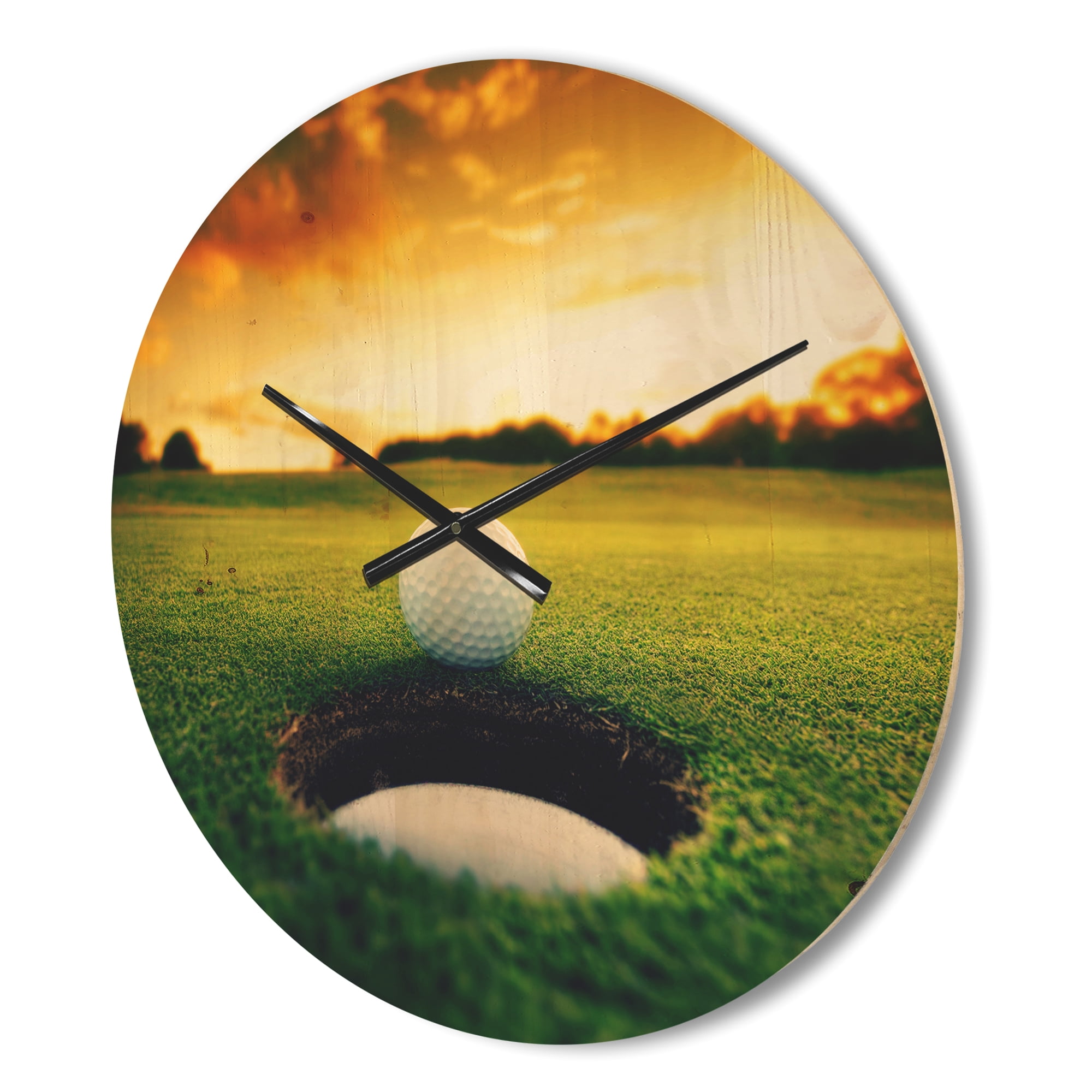 Designart 'Golf Ball Near Hole With Sunset Lights' Modern Wood Wall Clock