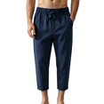 thumbnail image 2 of Migroa Men's Linen Capri Pants Casual Lightweight 3/4 Baggy Pants Drawstring Elastic Waist Beach Yoga Pants with Pockets Navy 2Xl, 2 of 5