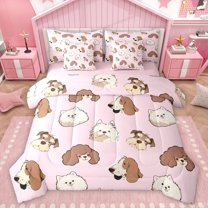 Homewish Cartoon Puppy Dog 7pcs Bedding Comforter Set,Kawaii Dog Paw Queen Bedding Sets,Pink Brown Queen Sheet Sets For Girl Kids,Breathable Home Decor Reversible