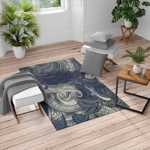 Abstract Turkish Area Rug, Ocean Inspired Graphic Paisley Pattern Swirled Hand Drawn Art Print, Soft Carpet for Living Room Decor with Distressed Look, 5.2' X 7.6', Quartz Dimgray, by Ambesonne