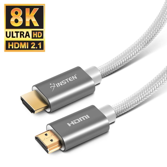 Insten - 15 Feet HDMI Male to Male Cable, 2.1 Version, 8K 60Hz, 48Gbps, Gold Connectors, Nylon Braided, White