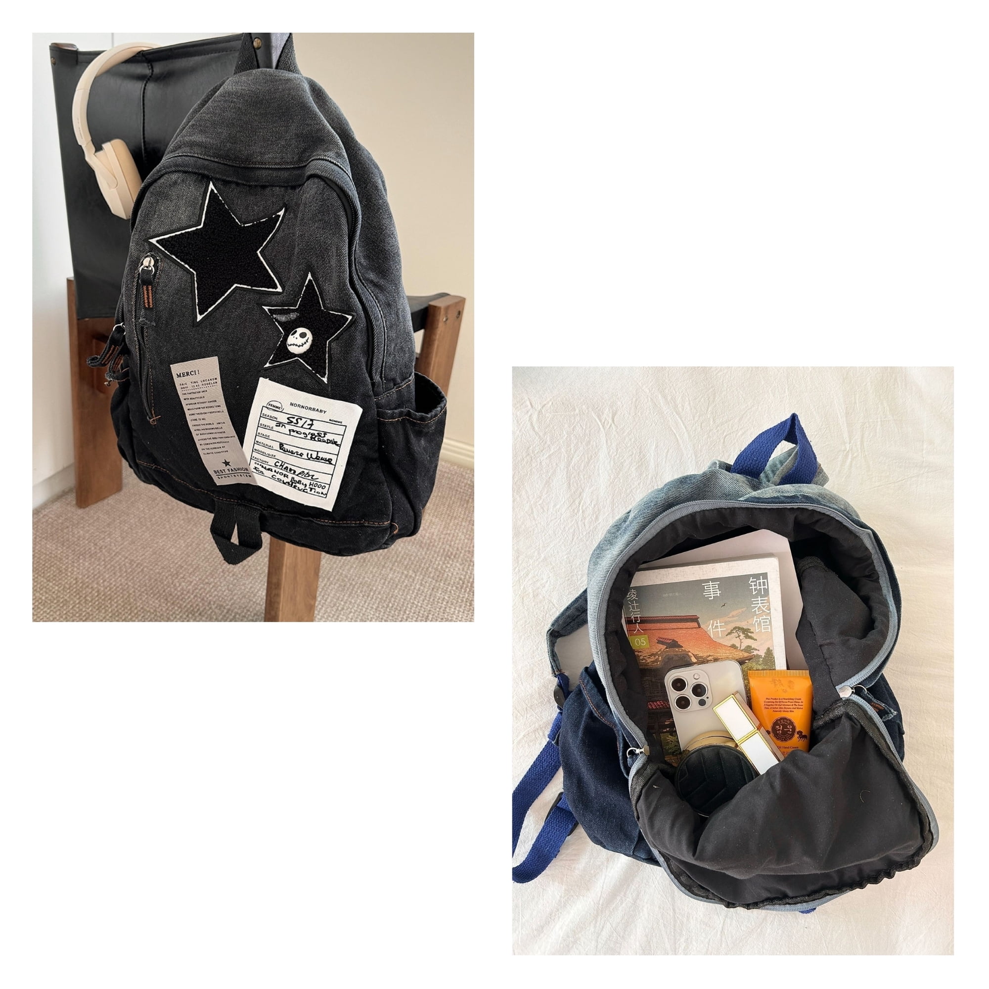 Vintage Y2K Grunge Denim Backpack with Star Pattern, Gothic Punk