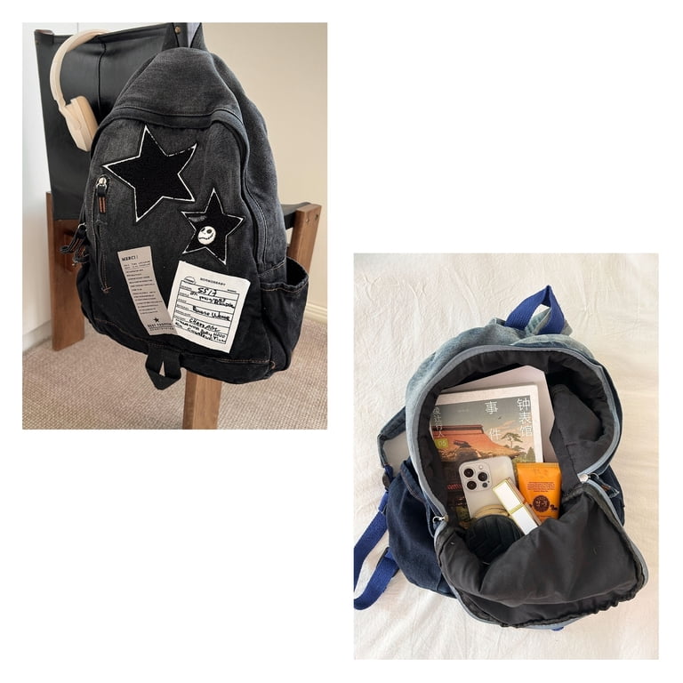 Vintage Y2K Grunge Denim Backpack with Star Pattern, Gothic Punk