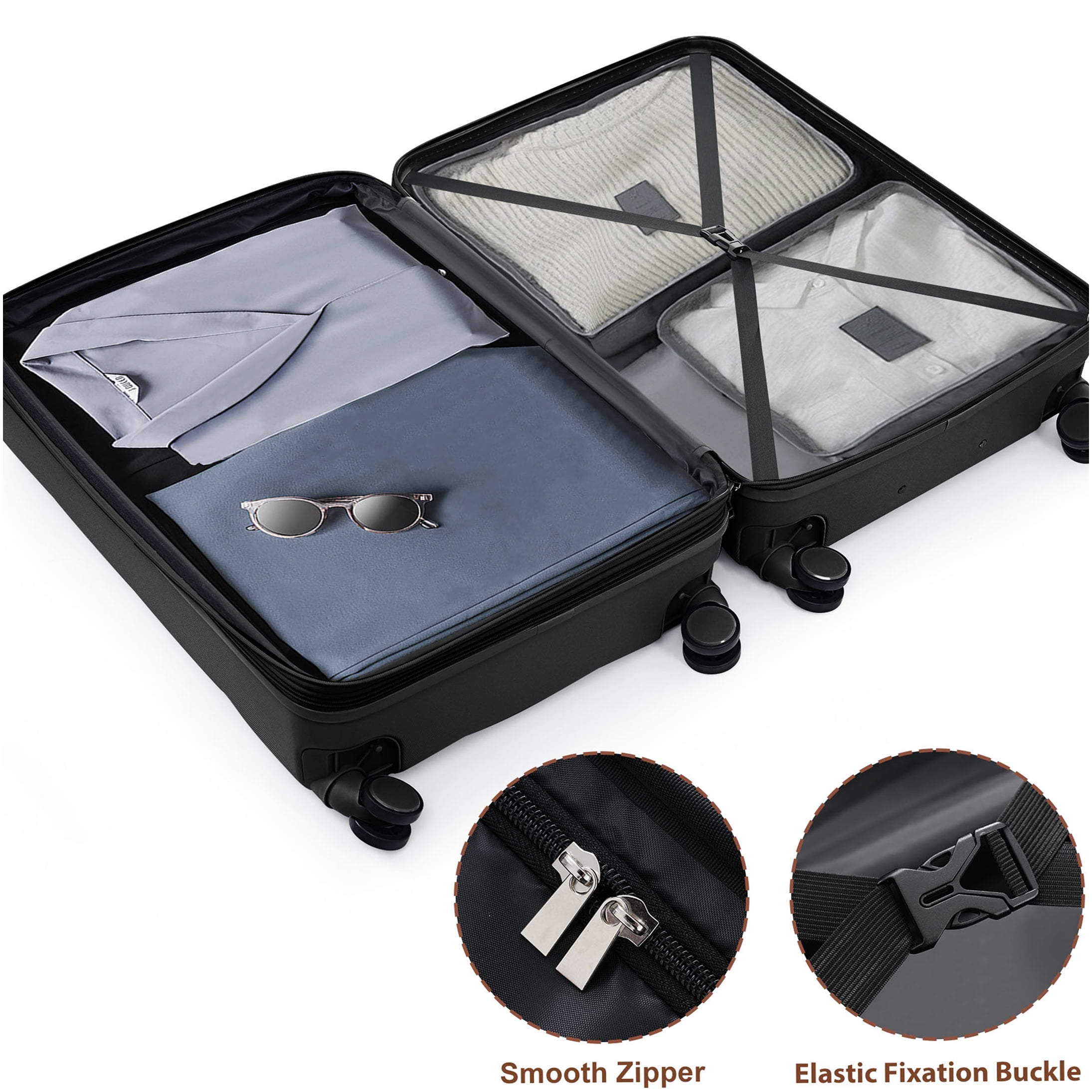 Black 3-Piece ABS Hard Shell Luggage Set with Cup Holder, 360° Spinner Wheels, Airline Approved Carry-On Suitcase
