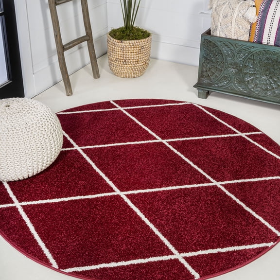 JONATHAN Y SUPERSOFT 5' Round Area Rug, Cole Minimalist Diamond Trellis - Red/White, SEU102I-5R