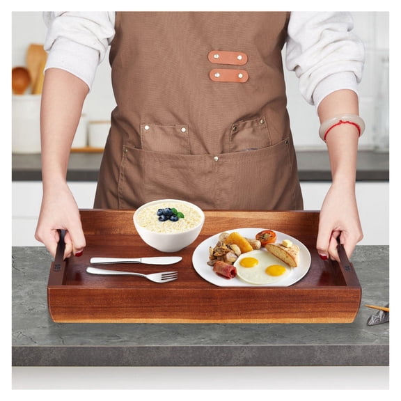 17x12.2 Inch Acacia Wood Serving Tray with Handles – Multipurpose Food Tray, Breakfast in Bed Tray, Laptop Desk, Lightweight & Durable for Dining, Entertaining, Office – Easy Carry Handle