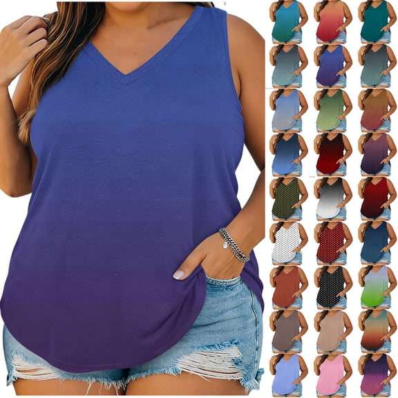 Zpzdpjkx Plus Size Women's Gradient V Neck Sleeveless Tank Tops Casual Curved Hem Loose Fit Summer Basic Shirts