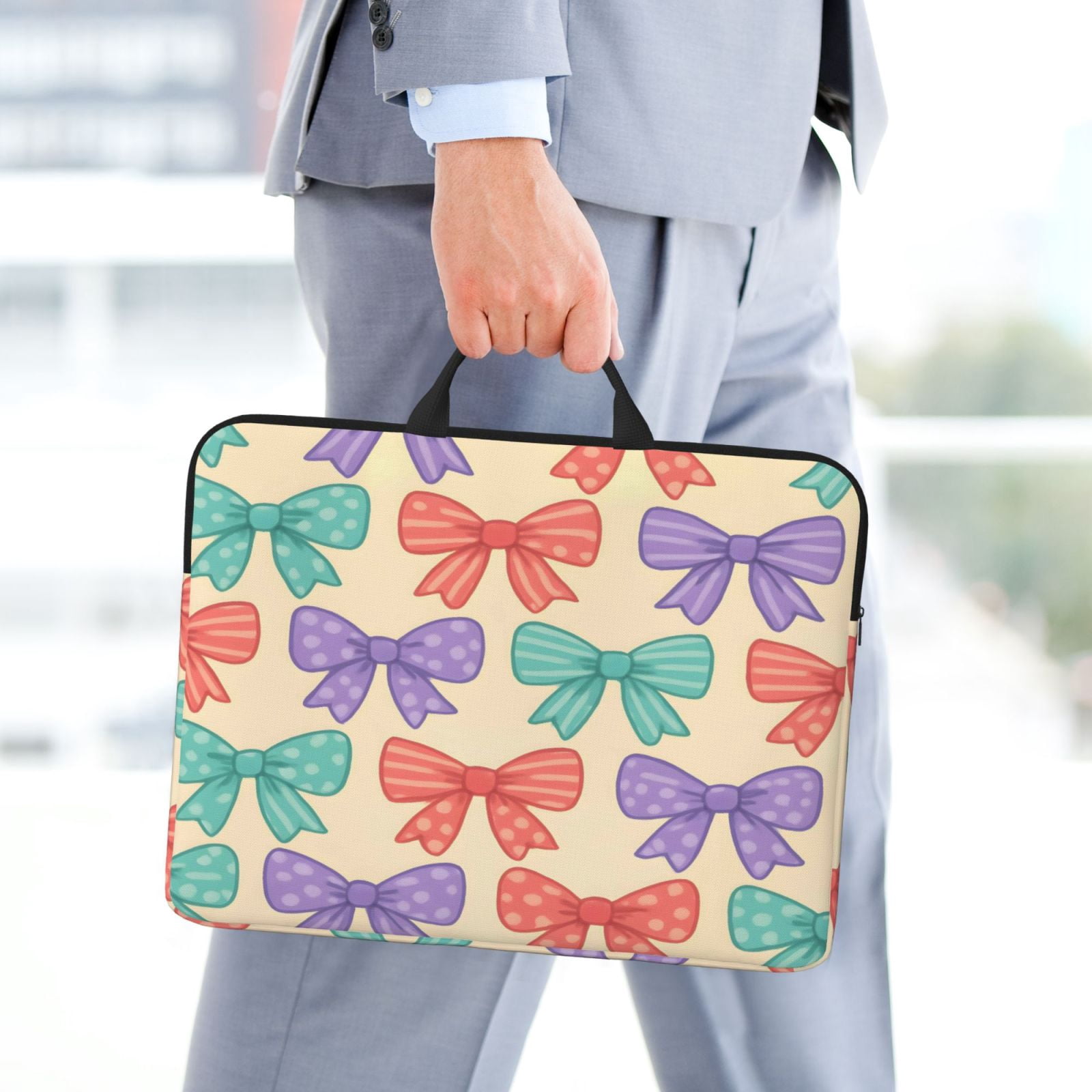 Laptop Sleeve Bag For Women Men 14inch Waterproof Durable Protective Computer Carrying Cover Handle Laptop Case Bag Whimsical Polka Dot And Striped Ribbon Bow Pattern