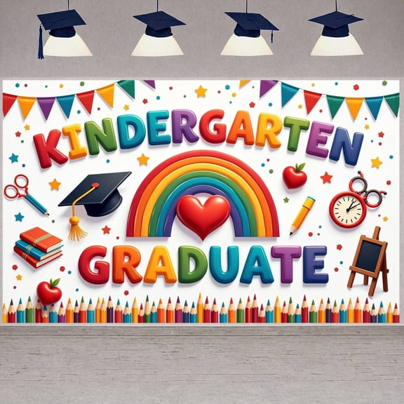 Colorful Letters Kindergarten Graduation Banner Graduation Cap Design Preschool Grad Display Kids Silhouettes Trophy Graduation Backdrop for Kindergarten Graduation Preschool Ceremony Kids Party