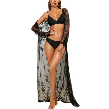 

MERSARIPHY Women Summer Hollow Out Pajamas Solid Color Long Sleeve Sleepwear Dress Lace Decoration