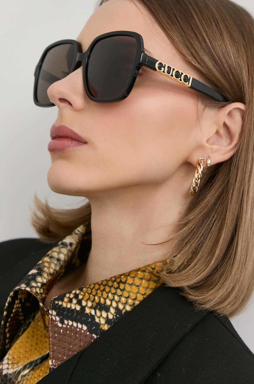 Gucci GG1189S-001 Oversized Black Square Sunglasses with Gold Cutout Temples and for Womens