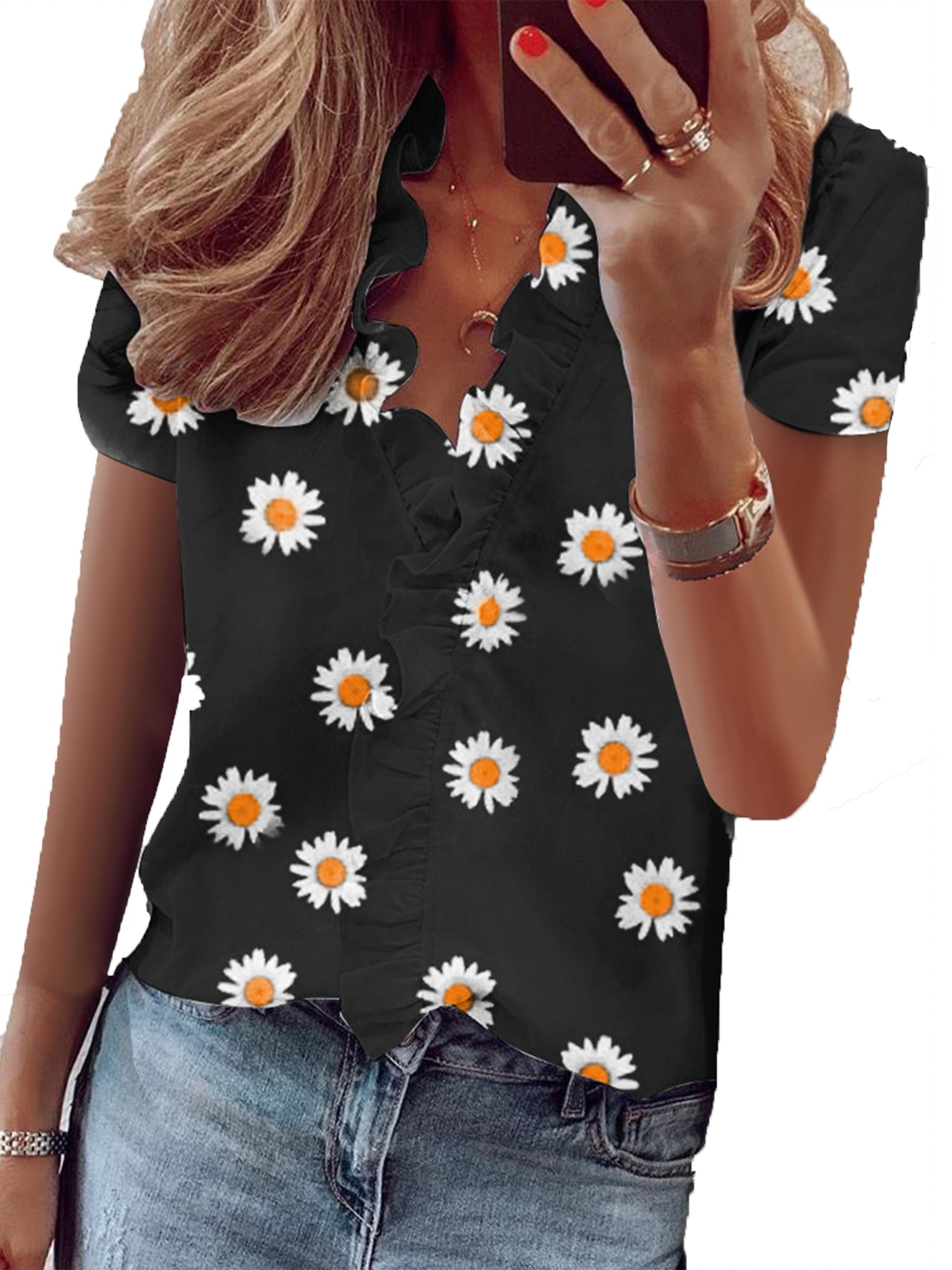 Womens Boho Hippie Short Sleeve Tops Ladies Summer Casual T-Shirt Blouse Tee