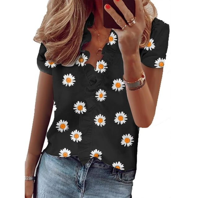 T-Shirt à Manches Courtes à Volants Col en V pour Femmes, Blouse Basique Décontractée, Mode Été, Ample