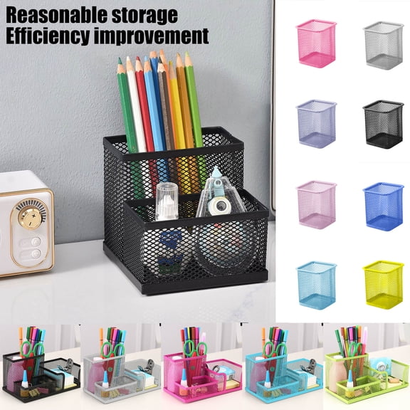 Dmlowu Mesh Desk Organizer, 2 Compartments Metal Pen Holder with Sticky Notes Slot, Sleek Black Pencil Holder for Home Office Classroom Art Studio Workspace