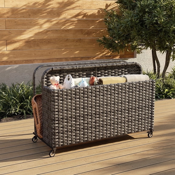 Dateyes 2-Layer Outdoor PE Wicker Rattan Patio & Poolside Storage Basket with Rolling Wheels, Gray