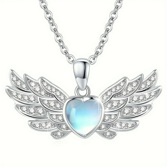 Moonstone Necklace 925 Sterling Silver Heart Pendant Wings Guardian Angel Jewelry Dainty Moonstone Necklace Birthday Christmas Gifts for Women
