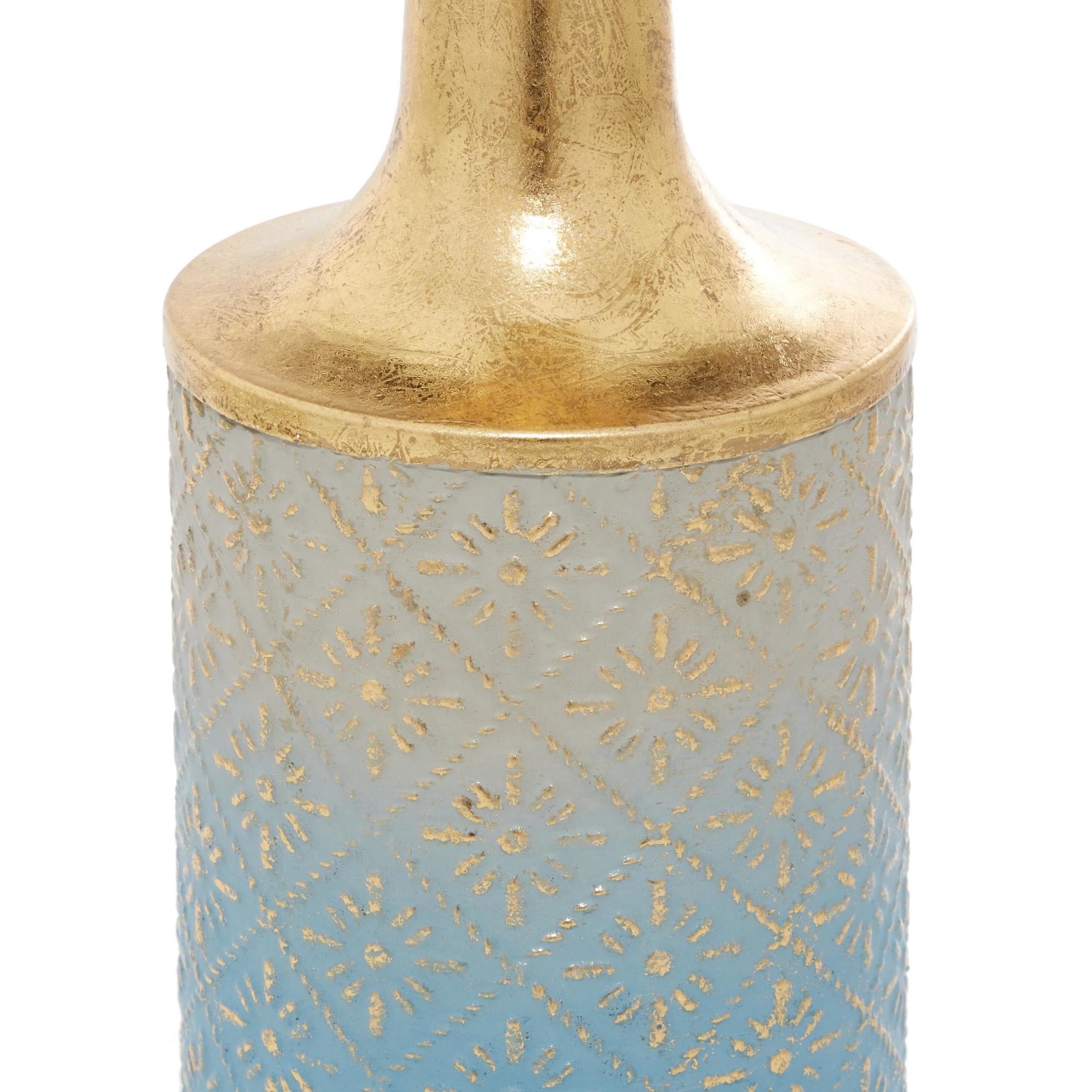 DecMode 27", 24", 20"H Floral Ombre Diamond Patterned Blue Metal Vase with Gold Top, Set of 3