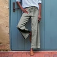 thumbnail image 2 of Pantalones de lino para mujer: pantalones de trabajo de pierna ancha y cintura alta con cordones, estilo informal de negocios con bolsillo para cinturón, estilo liso/estampado, tallas S-XXL., 2 of 8