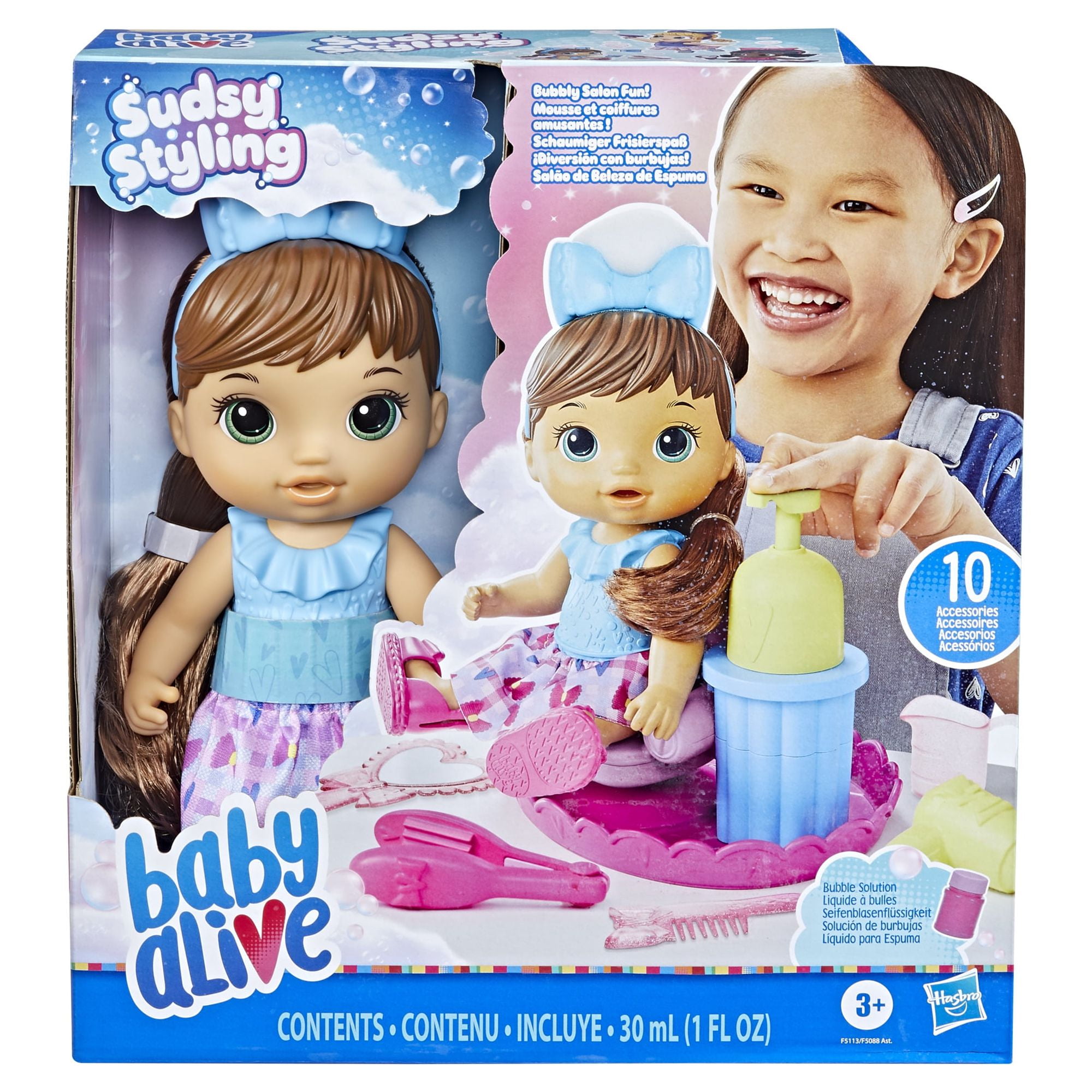Baby Alive: Sudsy Styling 14-Inch Doll Brown Hair, Green Eyes Kids Toy for Boys and Girls