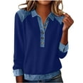 thumbnail image 3 of jobturf Womens Tops Patchwork Color Block Denim Trim Henley Shirts Comfy&nbsp;Loose Pullover Sweatshirts Dressy Casual Collared Long Sleeve Blouses, 3 of 9
