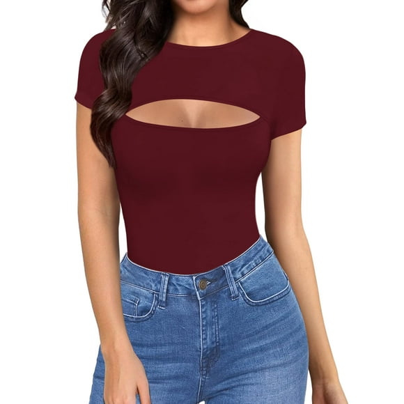Algalaround Women'S Cutout Tops Basic Long Sleeve/Short Sleeve Round Neck Slim Fit T-Shirts (Short Sleeve Burgundy Small)