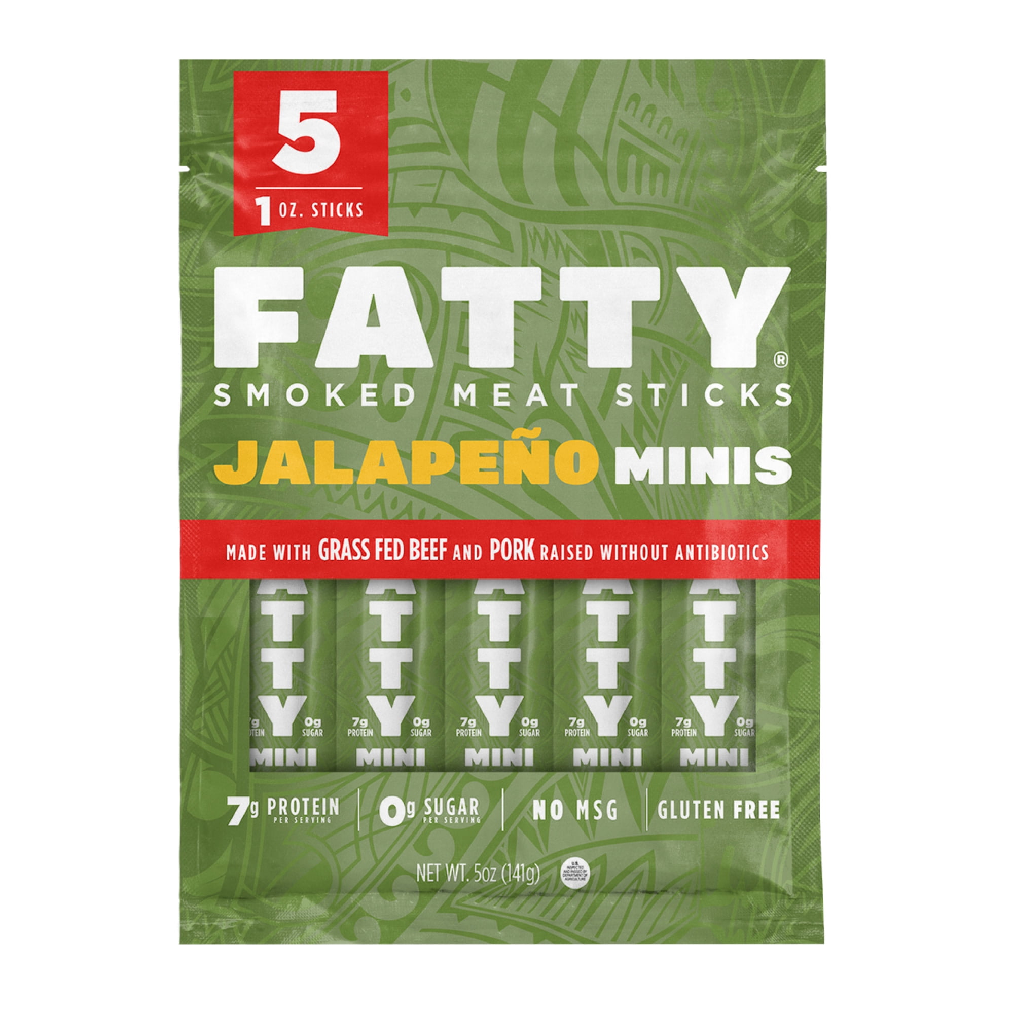 FATTY Mini Meat Sticks, Made with Grass Fed Beef, Pork Raised Without Antibiotics, 7g Protein Per Stick, Jalapeno Minis, Lunchbox Snacks, 1 oz. Snack Size (Pack of 5)