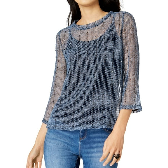I.N.C Womens Sequined Knit Blouse, Blue, Small