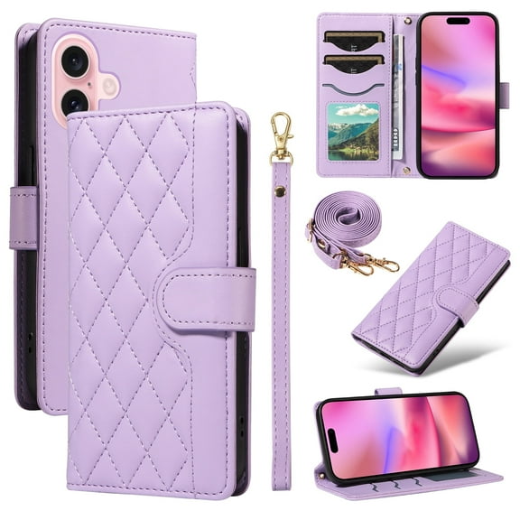 Allytechgroup iPhone 16 Case Wallet, Premium PU Leather Cards Slots Hand Wrist Shoulder Strap Flip Cover Stand Protective Phone Case for Apple iPhone 16, Purple