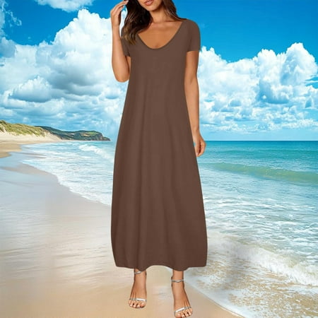 FDGIU 2025 Women s V-Neck Maxi Dress - Casual Short Sleeve Loose Fit Beach Sundress with Pockets Jersey Knit A-Line Flowy Long Dress