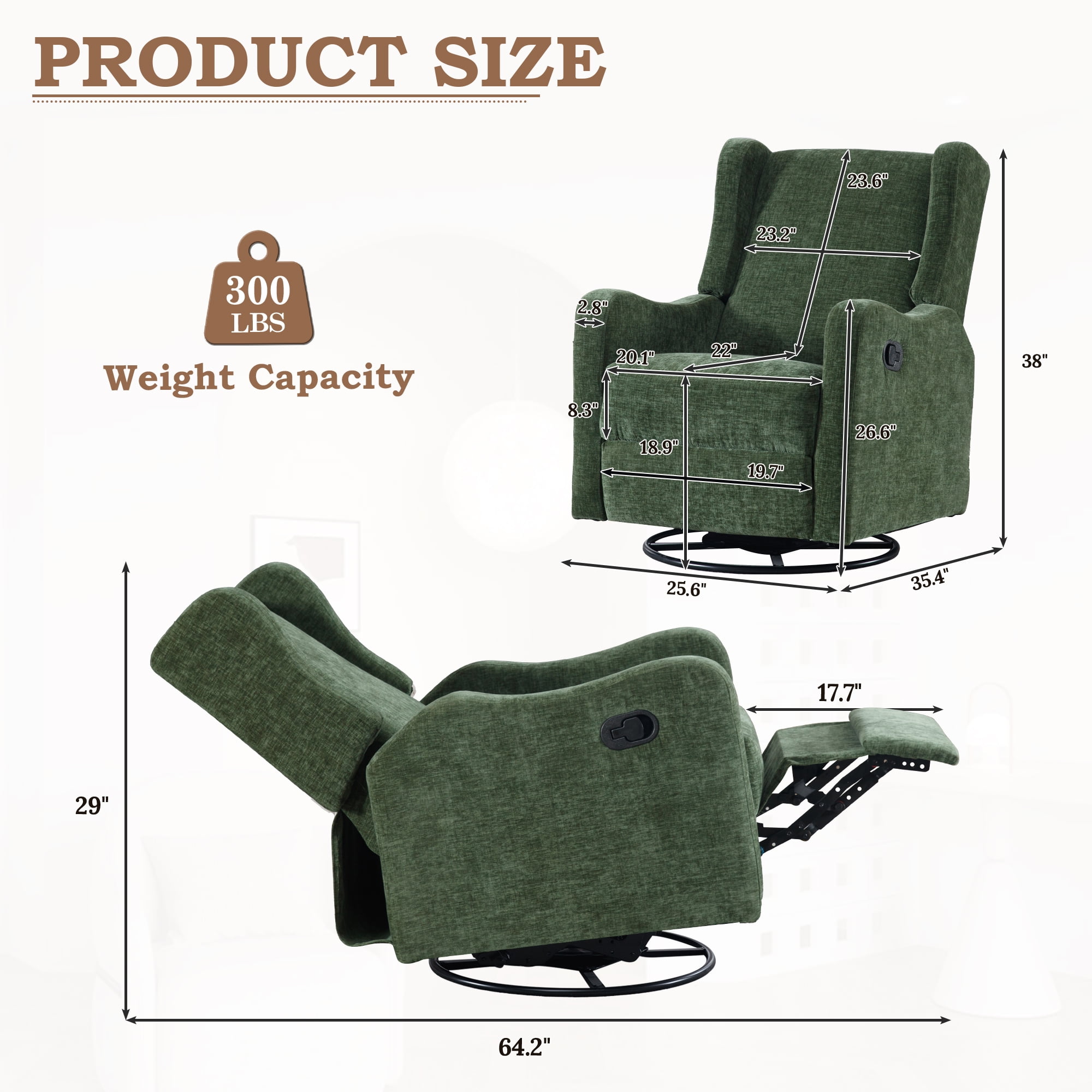 Lunale Swivel Glider Rocking Chair for Nursery, Wingback Upholstered Glider Rocker for Living Room, Green Chenille Fabric