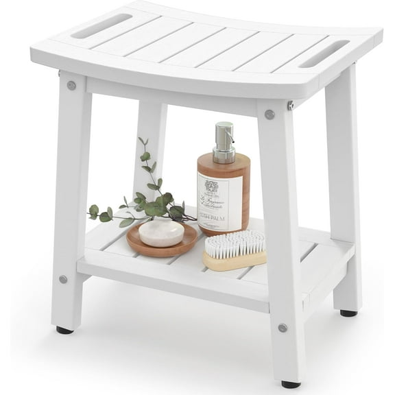 Shower Bench for Inside Shower - White HDPE Shower Stool Waterproof - Spa Bathroom Seat Chair with Handle, Storage Shelf, Adjustable Feet - Indoor/Outdoor, Weather Resistant