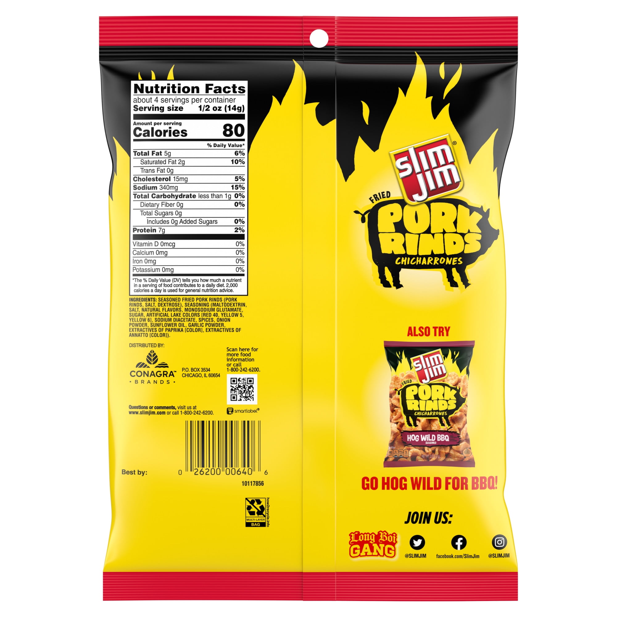 Slim Jim Pork Rinds, Squealin' Hot Flavor Fried Meat Snacks, 2 oz Bag