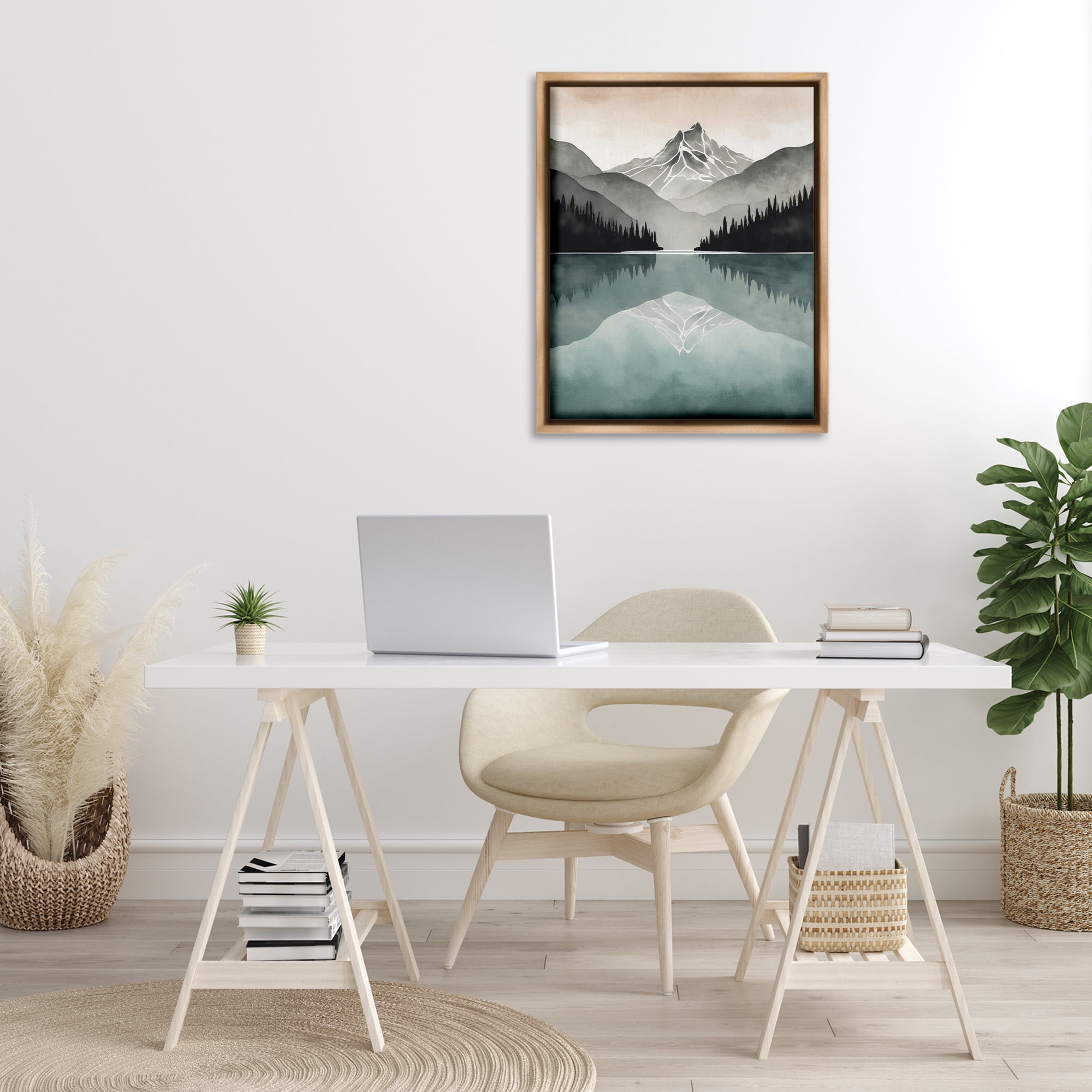 Stupell Industries Mountain Reflecting over Lake Landscape Painting Brown Floater Framed Art Print Wall Art, 25 x 31