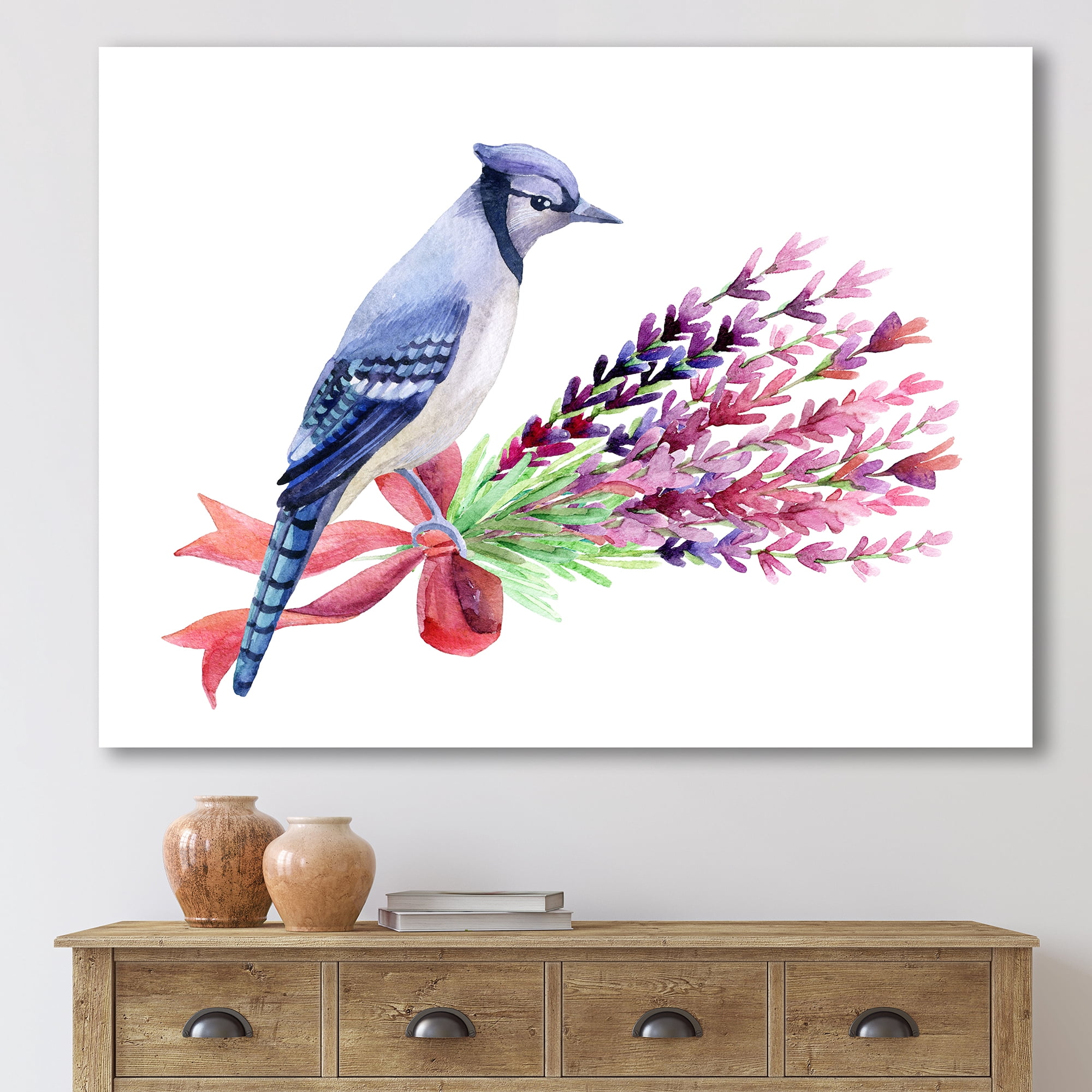 Designart ' Blue Jay Bird On Bouquet Of Pink Flowers ' Traditional Canvas Wall Art Print