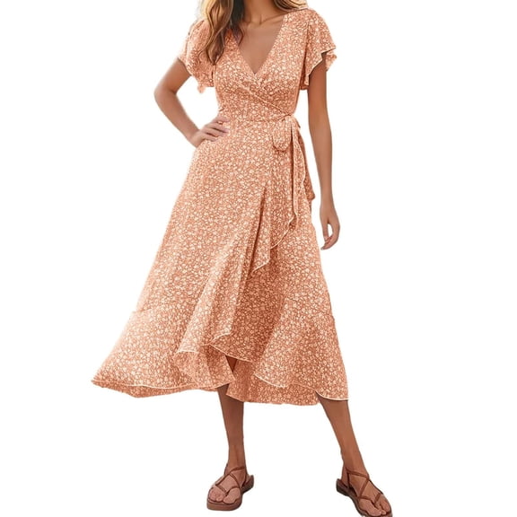 ZQUUVOU Women's Summer Holiday Dress Bohemian Floral Printed Flutter Ruffle Short Sleeve Beach Vacation Dresses Orange