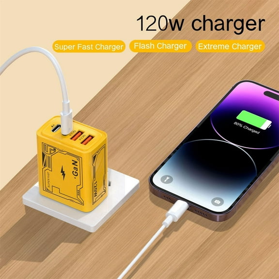 2-in-1 120W Fast Charger, 2025 GaN Charger 120w Fast Charger Module with 2 Type-C/2 USB Ports, Fast Charging Adapter Wall Plug for Phone, Tablet, Laptops (Yellow)