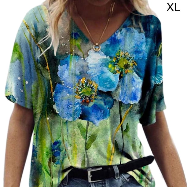 Camiseta de mujer con estampado floral, manga corta, cuello en V, blusa de playa, verde, XL Eigraketly AP002484-24