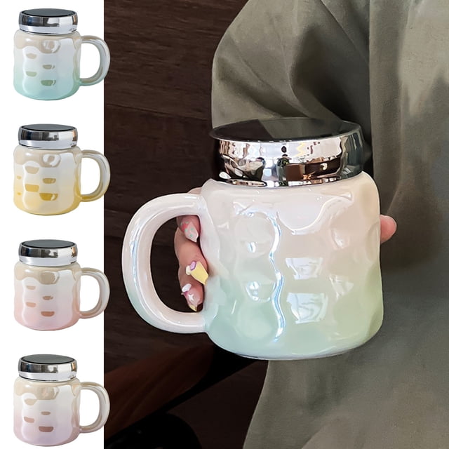 Taza de Café de Cerámica de 450 Ml con Asa | Vaso Térmico de Doble Pared para Bebidas Frías y Calientes | para Uso En Casa, Oficina y Cocina | Colores Rosa, Verde y Amarillo