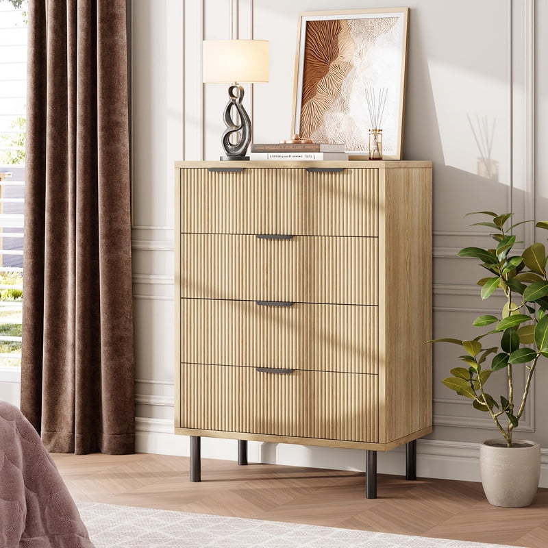 TROPOW Fluted 5 Drawers Dresser, Wide Wood Chest of Drawers, Modern Storage Dresser Chest of Drawers Organizer with Metal Legs and Anti-Tipping Device for Bedroom Living Room
