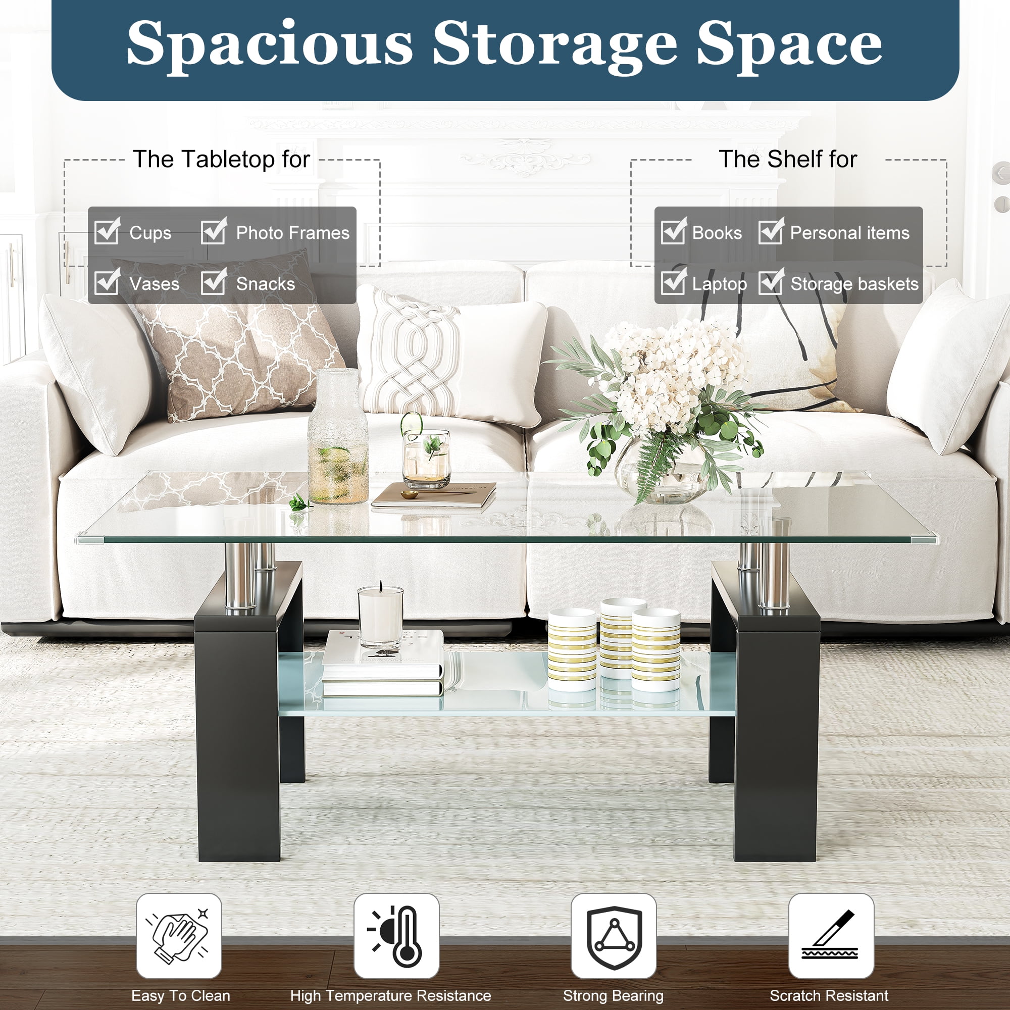 Rectangle Glass Coffee Table, 37.2"  2-Tier Modern Tea Table with Storage Shelf for Living Room