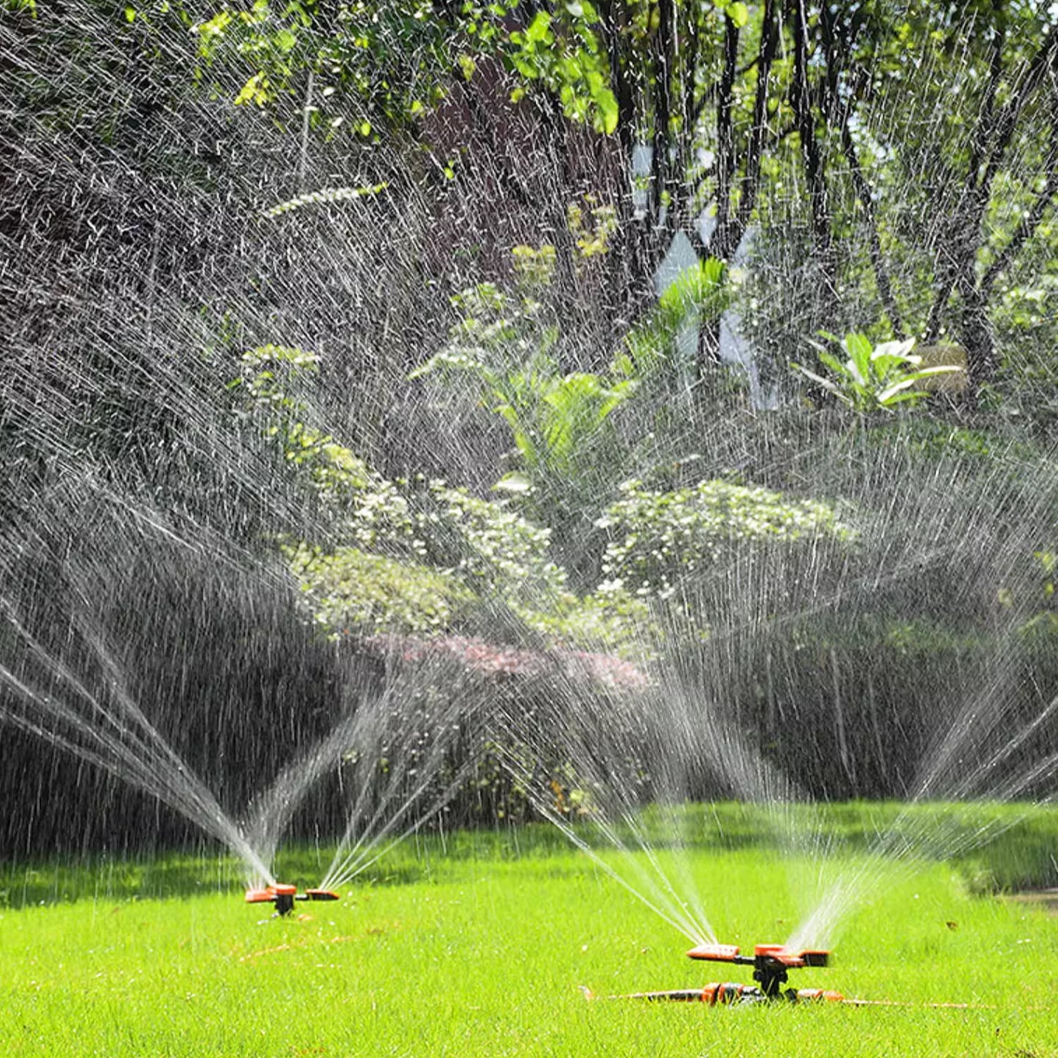 Blütezeit Lawn Sprinkle 2pcs, Upgraded Water Sprinkler with 2 Adjustable Spraying Modes, Automatic 360 Degree Rotating for Watering Grass/Garden/Yard (Fitting & Quick Connectors Included)